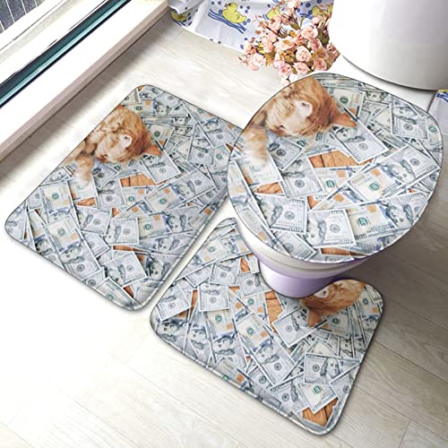 MBNGGAB Badematte + Konturmatte + Toilettendeckelbezug, Katze Kätzchen Dollar Geld 3 Stück Badematte Set, mit rutschfester Klebeunterseite