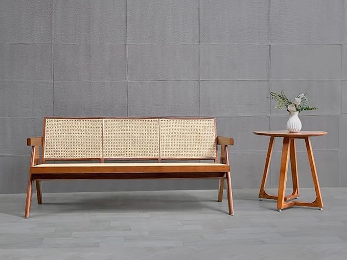 Image of Solid Wooden Brown Finish Rattan Arm Bench with Back Support Three Seater Bench for Living Room & Hall | D60 x W155 x H78 CM