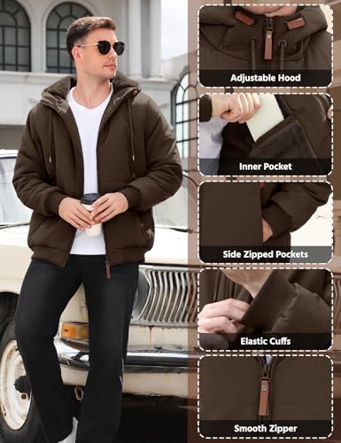 TOMEEK Winterjacke Herren Warme Fleecejacke Winter Steppjacke Winddicht Winterparka Gefüttert Outdoor Steppmantel mit Kapuze Taschen Herrenjacke(Braun,L)