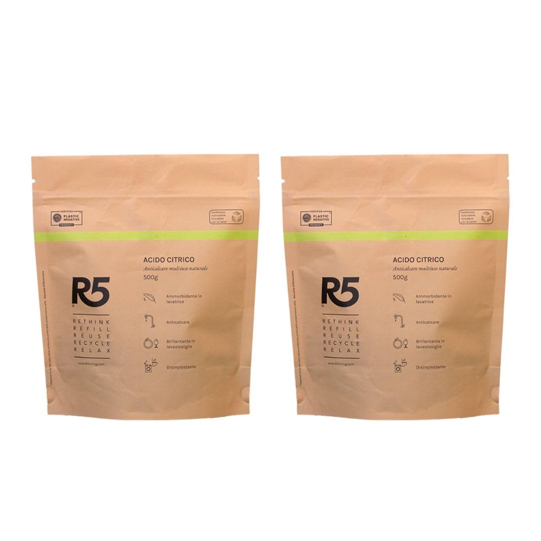 R5, Acide Citrique en Poudre, 1 kg, Détartrant Multi-usages, Détartrant, Produit de Rinçage et Adoucissant, Sans Odeur, Certifié Plastique Négatif, 2 Paquets de 500 g