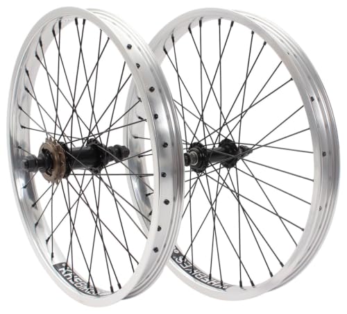 Image of KHE Prism BMX Wheelset 20" - Silver - Front & Rear Wheel - 14mm/10mm Axle - 16T Freewheel - 36H - 7005 Aluminium Rims