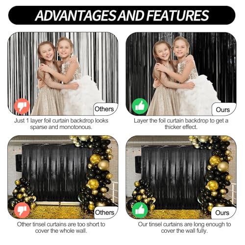 Image of 2 Pack Black Foil Fringe Curtains Streamers Party Decorations 3.3 x 8.2 ft, Black Tinsel Curtain Fringe Backdrop for Parties, Door Fringe Birthday Streamers, Photo Booth Backdrops, Party Decor