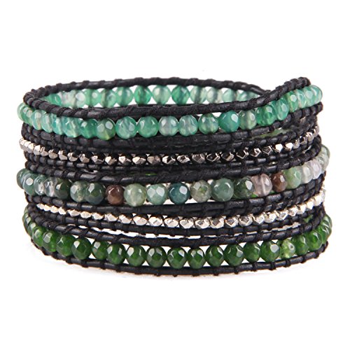 KELITCH Verde Ágata Jaspe Abalorios Y Metal Pepita 5 Pulsera Del Abrigo Negro Cuero Pulsera