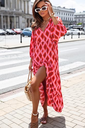 Image of miduo Womens Loose Fit Casual Summer V Neck Half Sleeve Bohemian Geometric Pattern Maxi Long Dresses