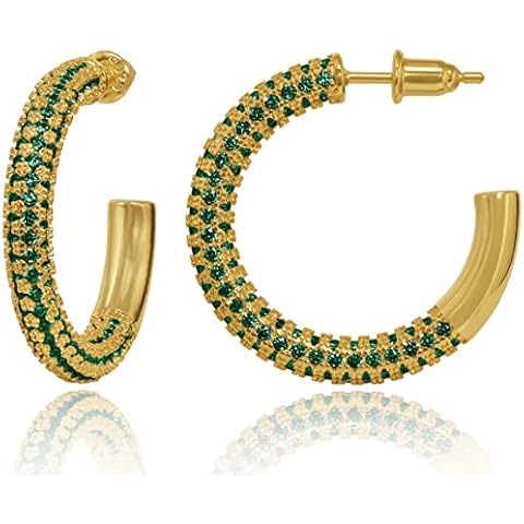 Gold Hoop Earrings for Women - 14k Gold Plated Earrings 925 Sterling Silver Post - Fully Studded with Green AAA+ CZ Stones - Chunky Gold Earrings - Hypoallergenic Open Hoops Nickel Free - By AceLay Cover