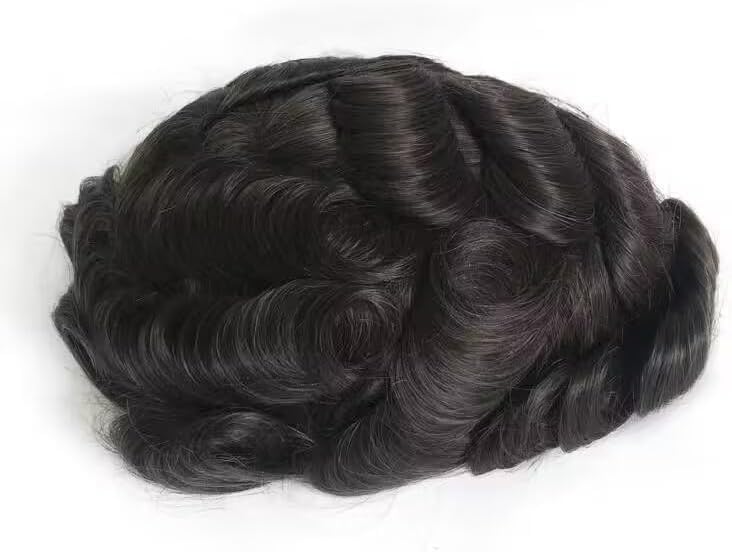 NLW Toupee for Men 0.04 Thin Skin Double Knots 25mm Curl Hairpiece 100% Human Hair System for men wigs Men's Toupee Durable Men's Toupee Real Hair Base Size 8x10 Inch 110% Density #1Jet Black - Image 2