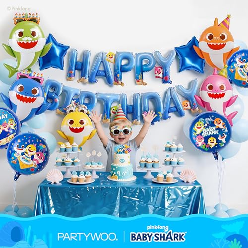 Image of PartyWoo Baby Shark Blue Happy Birthday Banner Letter Balloons 16 Inch Blue Mylar Foil Letter Balloons for Boys and Girls Baby Shark Under the Sea Ocean Theme Kids Birthday Party Decorations