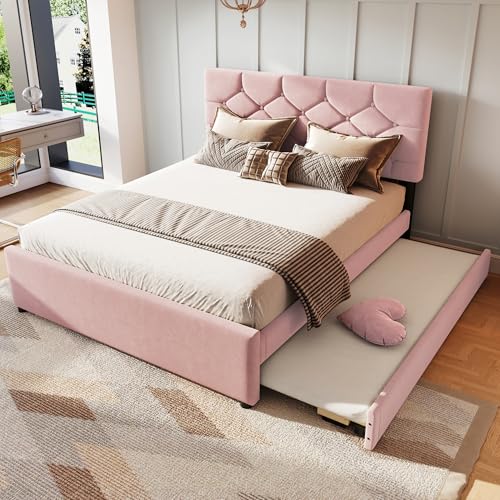 TOBIDOEN Cama tapizada infantil de 140 x 200 cm con cama nido de 90 x 190 cm, adecuada para 2-3 personas, cama infantil plegable con somier para dormitorio, sin colchón, tela aterciopelada (rosa)