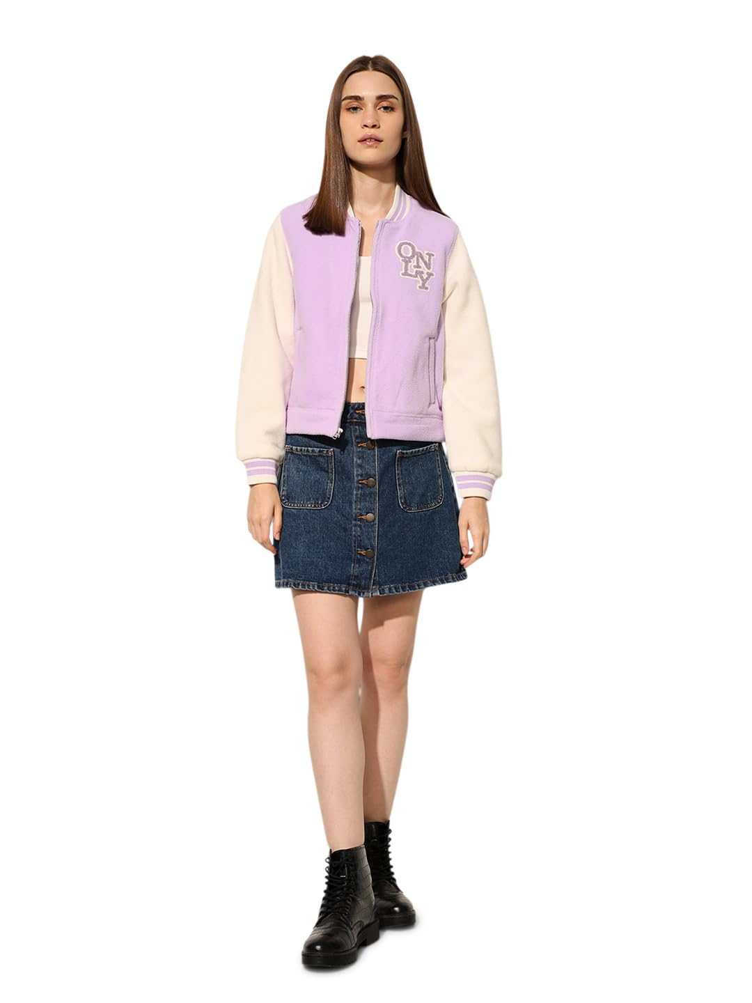 only Women Brand Logo Fleece Varsity Jacket with Embroidered-picture-38
