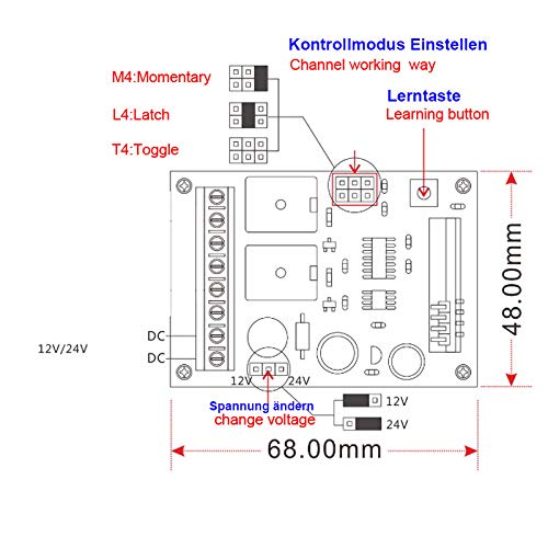 Uniwersalny pilot zdalnego sterowania DC 12 V DC 24 V 10 A, 2-kanałowy RF, przełącznik bezprzewodowy, 4 x pilot zdalnego sterowania + 1 x odbiornik, brama garażowa do oświetlenia/drzwi/ściany