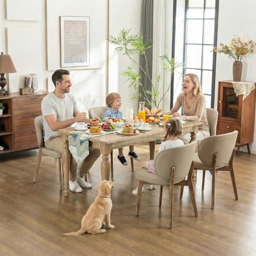 Image of YOUNIKE Dining Chairs Set of 6 Modern Kitchen Dining Room Chairs Khaki | Faux Leather Upholstered Armless Side Accent Chair with Back Wide Padded Seat Wooden Leg, Soft, Breathable, Comfortable