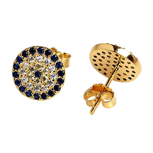 Round Blue Evil Eye Stud Earrings Sterling Silver 925 Eardrop Cubic Zirconia Charms 9x9mm[Gold]
