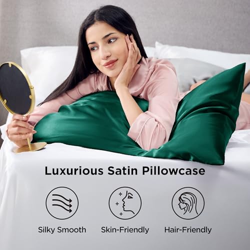 Image of Bedsure Satin Pillowcases, Similar to Silk Pillow Cases Queen Size Set of 2, Pillow Case for Sleeping Women with Envelope Closure, Gifts for Women Men, Dark Green, 20x30 Inches, 2pcs