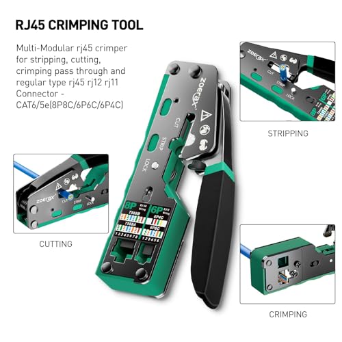 Image of Ethernet crimping tool kit RJ45 crimp tool, Cat5 Cat6 Pass Through Crimping Tool for Network Cable Tester, Multiply Stripper, 50PCS Cat 6 Pass Through Connectors and Strain Relief Boots