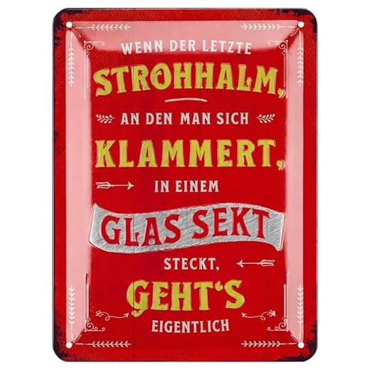 Blechschilder retro - Bar Schild und lustige Wanddeko Küche mit Spruch STROHHALM SEKT STECKT GEHTS - Cocktail Schild als Geschenkidee - Metallschilder vintage Deko mit Wöbung in Holz Optik 15x20 cm