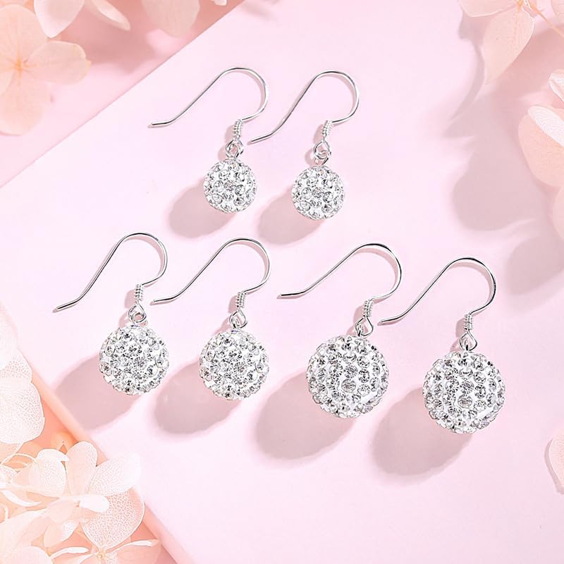 925 Sterling Silver Pave Crystal CZ Diamond Drop Earrings for Women, Sparkling Shamballa Ball Dangle Earrings, 6MM 8MM 10MM - Image 2