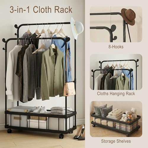 Image of Story@Home Heavy-Duty Double Rod Metal Garment Rack for Clothes with Wheels, Bottom Storage Shelf & 4 Side Hooks | Freestanding Clothes Stand for Bedroom, Entryway, Living Room - Black