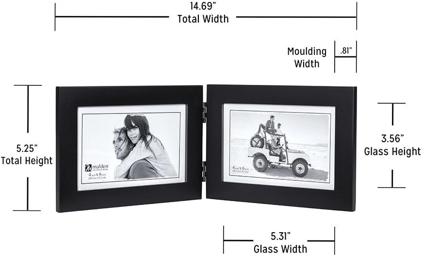 Malden Double Horizontal 4x6 Picture Frame - Wide Real Wood Molding, Real Glass - Black