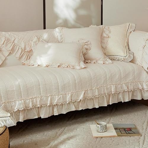 Leeva Beige Quilted Sofa Slipcover with Ruffle Lace Trim