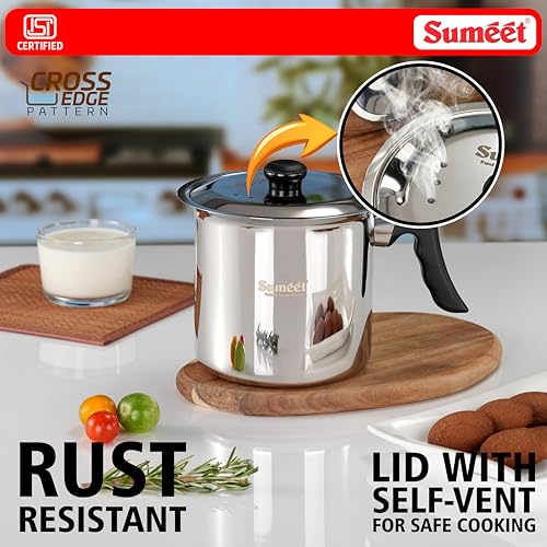 Image of Sumeet ISI Certified HeavyPly Premium Stainless Steel Cross Edge Induction & Gas Stove Friendly Milk /Tea /Coffee Maker /Warmer with Lid - 1750ml
