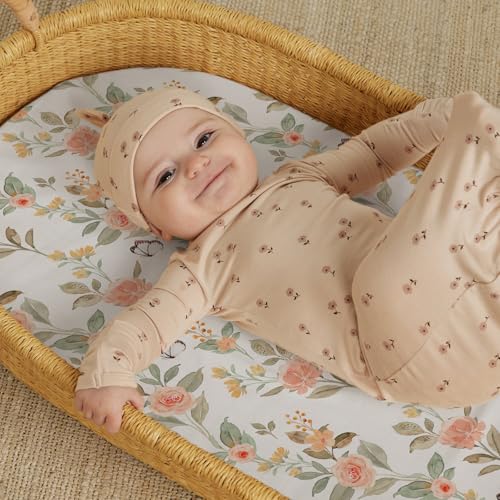 Image of Stretch Fitted Bassinet Sheet Set BROLEX 2 Pack Cradle Sheets for Bassinet Pad /Mattress,Unisex Boys Girls,Ultra Soft,Rose Foliage