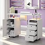 LED Manicure Table with Built-in Dust Collector&4 Dust Bag,Nail Desk with 3 Drawer&2 Cabinet,Rolling Nail Table with Lockable Wheel,Wrist Rest for Beauty Nail Salon,Nail Workstation Art Desk (White)