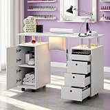 LED Manicure Table with Built-in Dust Collector&4 Dust Bag,Nail Desk with 3 Drawer&2 Cabinet,Rolling Nail Table with Lockable Wheel,Wrist Rest for Beauty Nail Salon,Nail Workstation Art Desk (White)