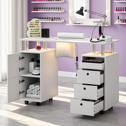 LED Manicure Table with Built-in Dust Collector&4 Dust Bag Nail Desk with 3 Drawer&2 Cabinet Rolling Nail Table with Lockable Wheel Wrist Rest for Beauty Nail Salon Nail Workstation Art Desk (White)
