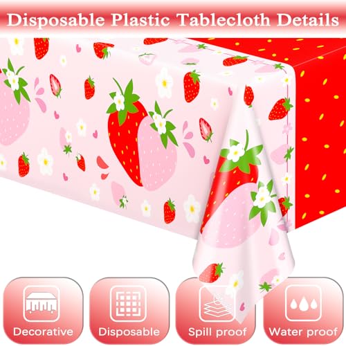 Image of WNINK 2 Pack Strawberry Tablecloths Strawberry Berry Sweet One Table Covers for Birthday Party Decoration Berry Sweet Baby Shower Party Supplies 54 inch x 108 inch