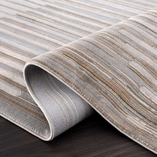 Abani Striped Beige & Ivory Contemporary 2’ X 3’ Area Rug - Modern Mid-Century Print Non-Shed Living Room Rug Rugs #TOP3