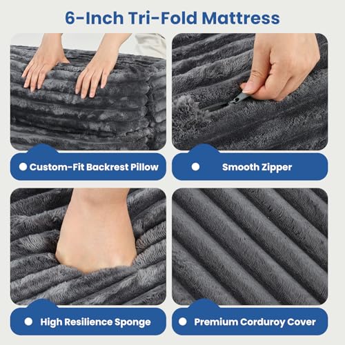 Image of Erament Tri-Fold Futon Sofa Bed, 6 Inch Foldable Floor Couch, High-Density Foam Convertible Sleeper Sofa with Removable Washable Corduroy Cover, Portable Floor Mattress for Living Room