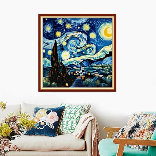 Image of Foxdiviy Stamped Cross Stitch Kits Full Range of Embroidery Needlework Starter Kits for Beginners Adults 11CT Embroidery Patterns Art Crafts DIY Needlepoint Kits-Van Gogh Starry Sky 18x18 inch