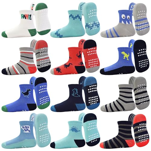 Image of Tphon Toddler Baby Non Slip Socks Infant Anti Skid Socks with Grips 12 Pairs Crew Sock for 0-7 Years Kids Boys Girls