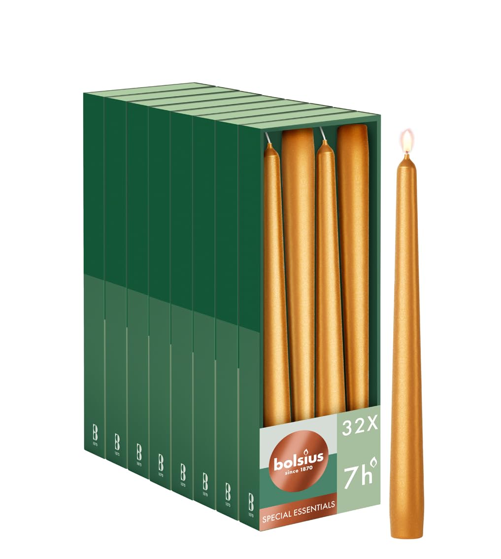 Bolsius - Velas de cena lisas - Oro - 24,5 cm - 32 piezas - Metálico – Velas decorativas – sin aceite de palma