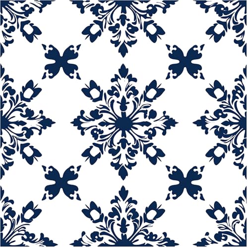 Image of Nuxovilar Peel and Stick Vinyl Floor Tiles, 11.8 inchx11.8 inch | Navy Blue Damask Pattern, 10-Pack Self-Adhesive Flooring