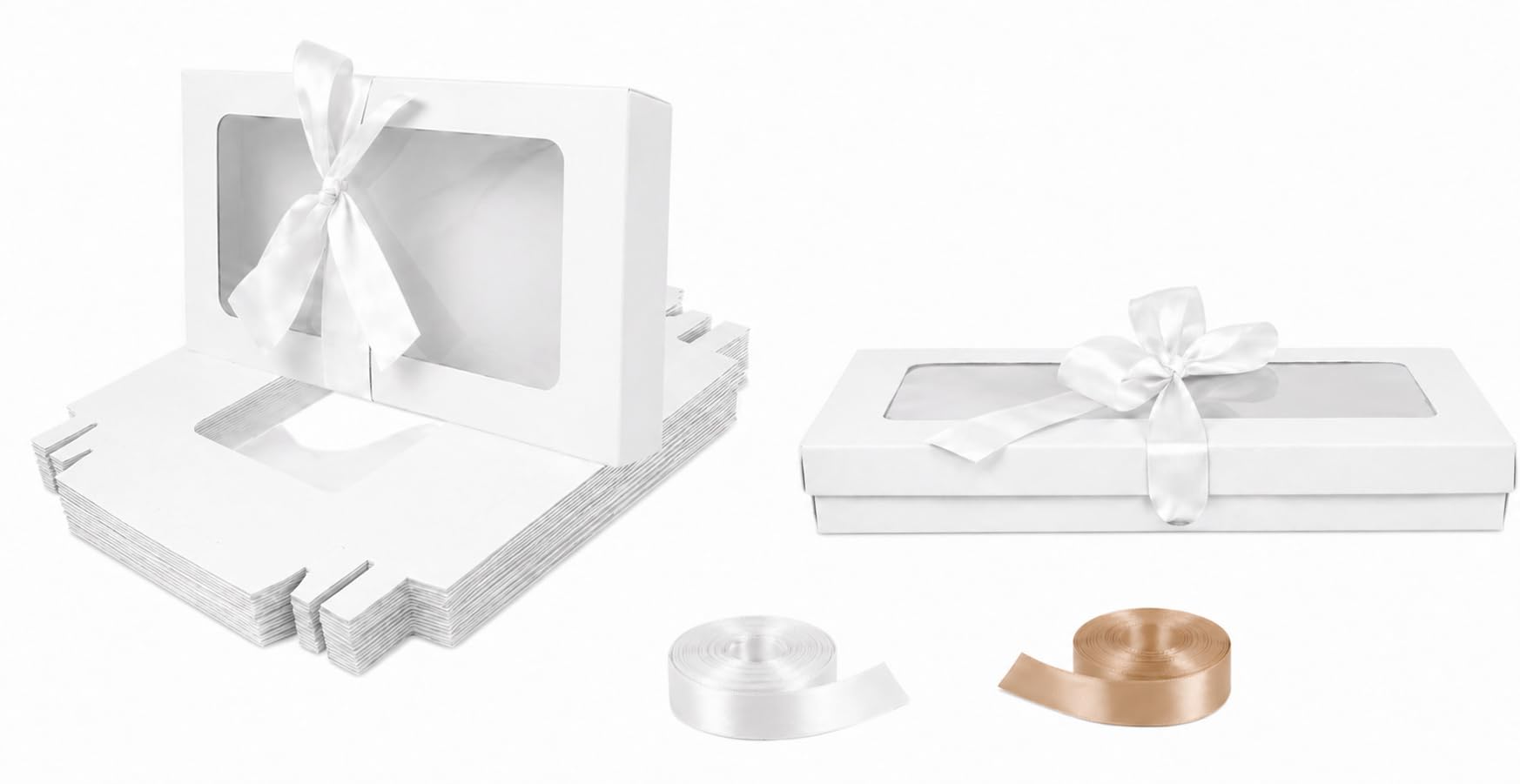 Emartbuy Pack of 12 White Gift Boxes with Clear Window Lid & White Satin Ribbon - Small Slim 21 x 12.5 x 2.5 cm - Recyclable Kraft Presentation Box for Hampers, Treats, Weddings & Favours โ image 1