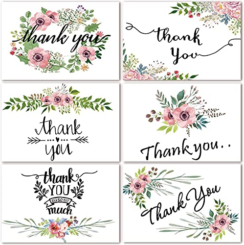 Thank You Cards - Bridal Shower and Baby Shower Thank You Notes, Bulk Pack Thank You Cards Set, Blank Inside, 4 x 6 Inches - Thank You Card with Envelopes and Stickers (48 Floral Flower)