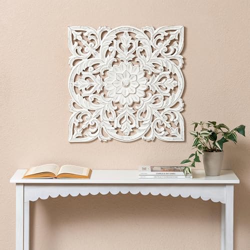 Image of JFY Designs Blaze Hand Carved Wood Medallion Wall Panels Bedroom Decor | Wall Mount Floral Sculpture Wall Art for Living Room, Bedroom Set, White Distressed Finish, Square 24 x 24 inch
