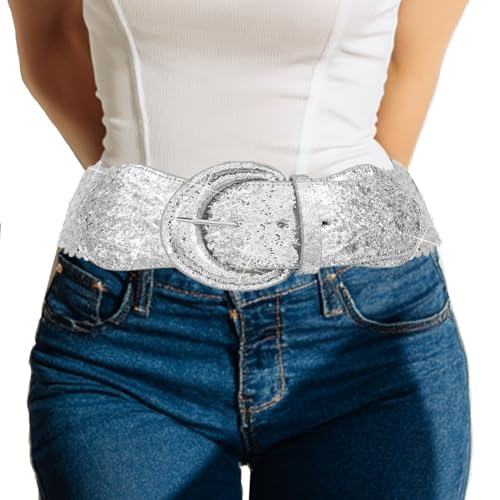 BODIY Black Sequin Wide Belt Glitter Stretch Dress Belt Sequins Cinch Belt Waist Belt for Women2