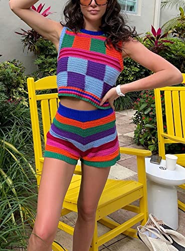 Kmbangi Women Knitted Shorts Set Sleeveless Square Neck Crop Cami Top Printed Bodycon Elastic Shorts Jumpsuit 2 Piece Outfits(Patchwork Colorful,S) #TOP4