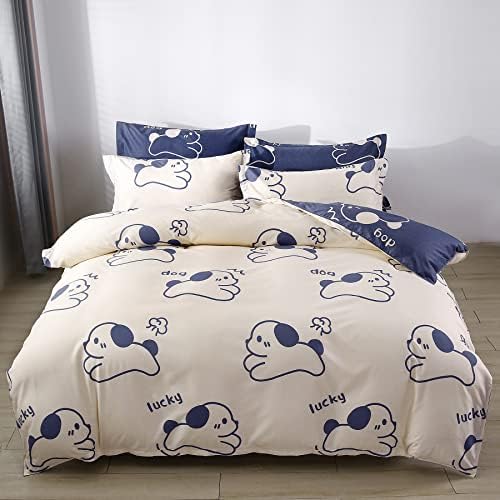 Mengersi Dog Duvet Cover Set for Kids-Beige Blue Cute Bedding Set for Boy Kids Twin Size
