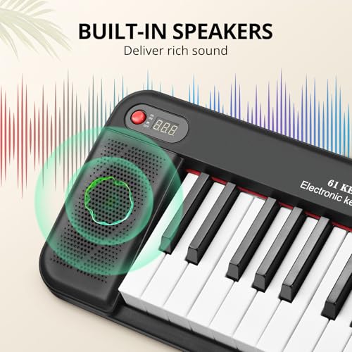 RIVVTA 61 Key Electric Keyboard Piano with 200 Tone 200 Rhythm and 60 Demo Light-Up Keyboard for Beginners - Includes Music Rest Microphone Power Supply Note Stickers Black(REK-20)