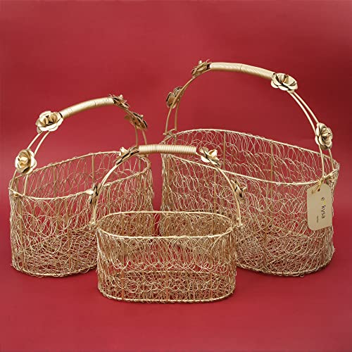Image of metal meshwire multipurpose hamper Fancy Basket /Tray /Platter (Set of 3) with handles for Packing, Gifting, Decoration - Golden (8 * 4 * 4, 10 * 5 * 6, 12 * 6 * 6 inch)