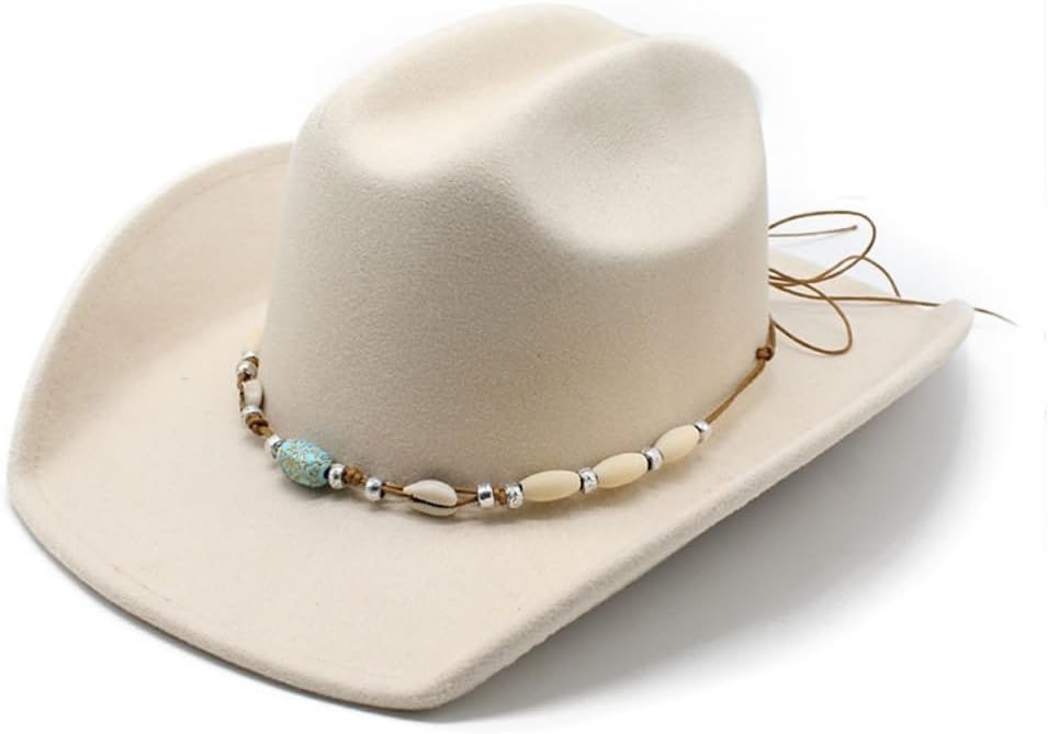 Classic Western Wool Cowboy Hat, Beaded Turquoise Band, Wide Brim, Ivory