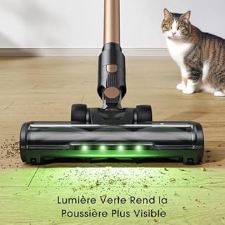 Lubluelu Aspirateur Balai sans Fil 45 kPa, Moteur Puissant 450 W, Léger & Silencieux avec Lumière LED, Aspirateur à Main et Sol sans Sac pour Tapis, Sols Durs, Poils d’Animaux & Voiture (Noir + Or)
