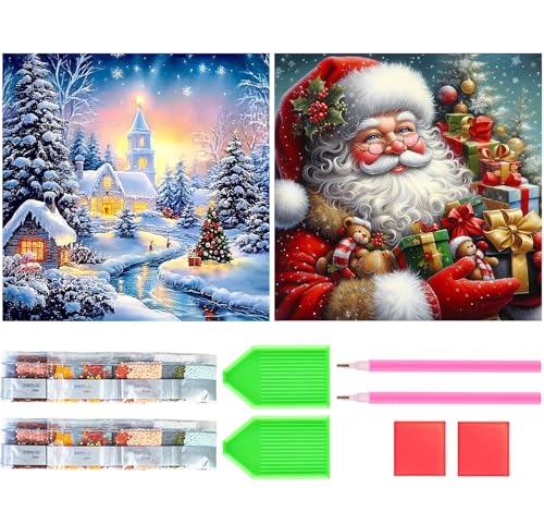 Amyaker ダイヤモンドアート キット 丸いビーズ 全面 2個セット ダイアモンドビーズ絵画キット DIY 手作り絵画 モザイクアート 5D モザイクアート ダイヤモンド塗装 全面貼り付けタイプ 30x30cm クリスマス