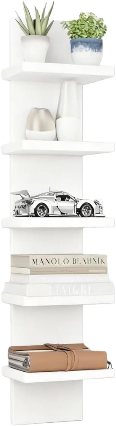 5-Tier Wall Mounted Floating Shelves, Wooden Shelves Unit, Black | Narrow Vertical Display, Floating Shelves, For Action Figures & Collectibles, Slim Wall Bookshelf