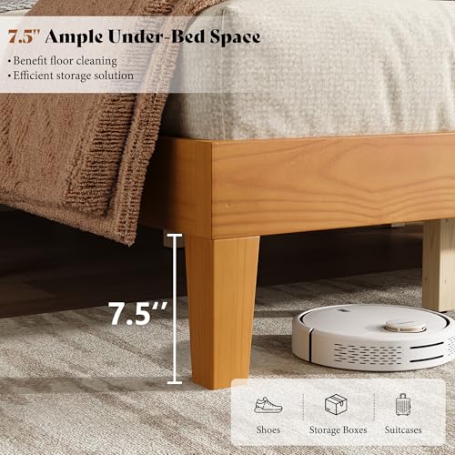 Image of AMERLIFE Queen Size Bed Frame with 48 inch Tall Headboard, Mid Century Modern Solid Wood Platform Bed with Silent Wood Slat System, No Box Spring Needed, Under-Bed Storage, Natural