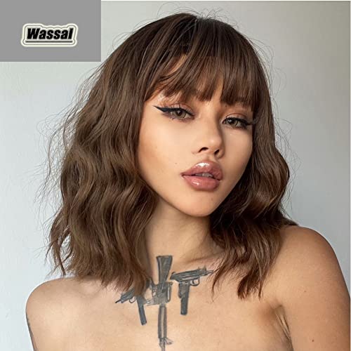 Light Brown Wig with Bangs Short Wavy Bob Wigs for Women Shoulder Length Curly Wavy Synthetic Wig Colored Wigs for Daily Party Cosplay (14 inch, light brown)