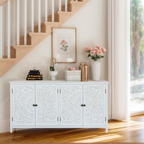 Image of 60 inch Antique White Solid Wood Buffet Cabinet - Carved Sideboard for Entryway, Accent Cabinet for Living & Dining Room